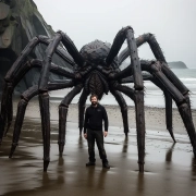 Giant black sea spider standing over man on a beach.