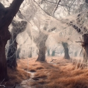 Giant spider webs that cover a forest.