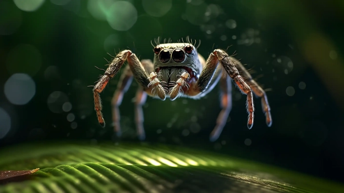 A close up view of a jumping spider in midair